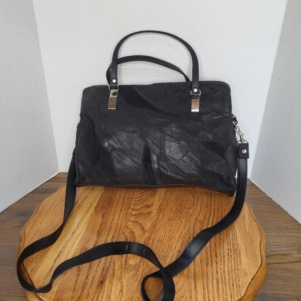 VTG Black Leather Patchwork Purse Shoulder Bag Handbag Hippie‎ Boho